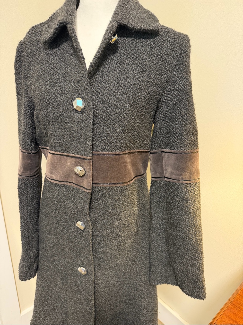 Tory Burch Dark Charcoal Textured Trench Pea Coat 🧥 Suede-Trim Classy Preppy